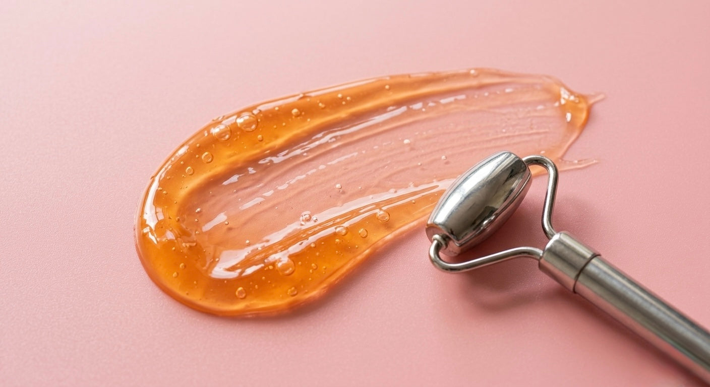 Smeared CC Serum with Vitamin C rolled with a Silver face roller tool on a light pink background